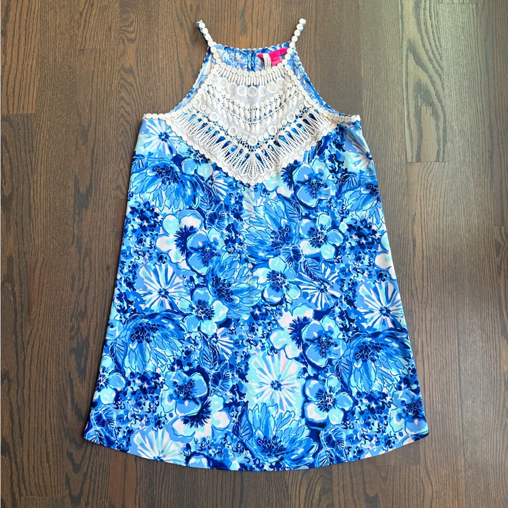 Lilly Pulitzer Floral Blue and White Dress with Crochet Detail